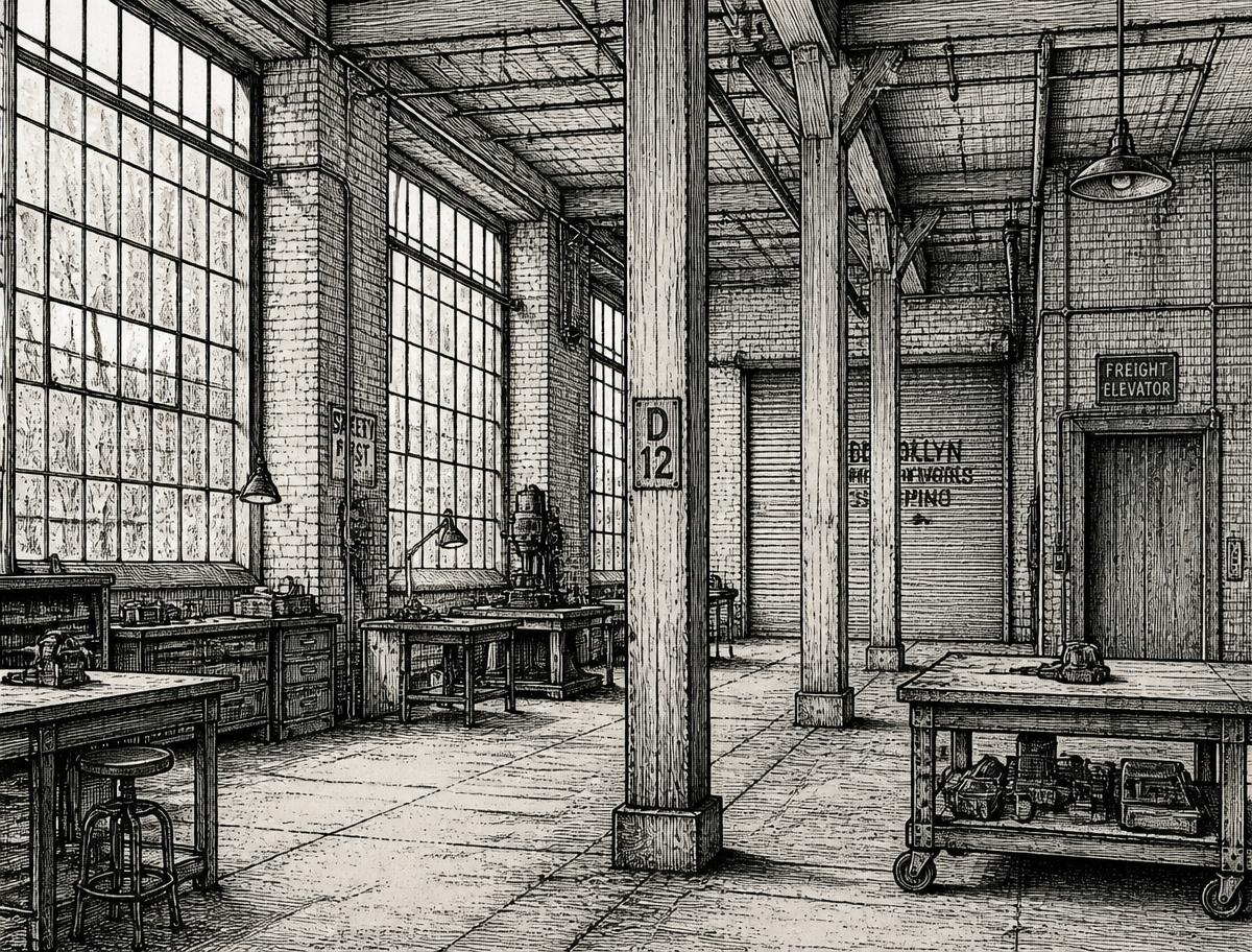 Brooklyn loft interior — timber, brick, tall factory windows